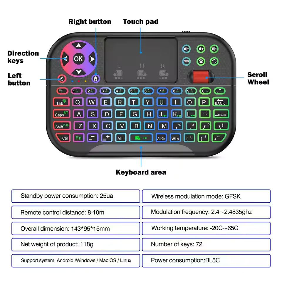 Dual-Mode Wireless Mini Keyboard with Scroll Wheel and Touchpad