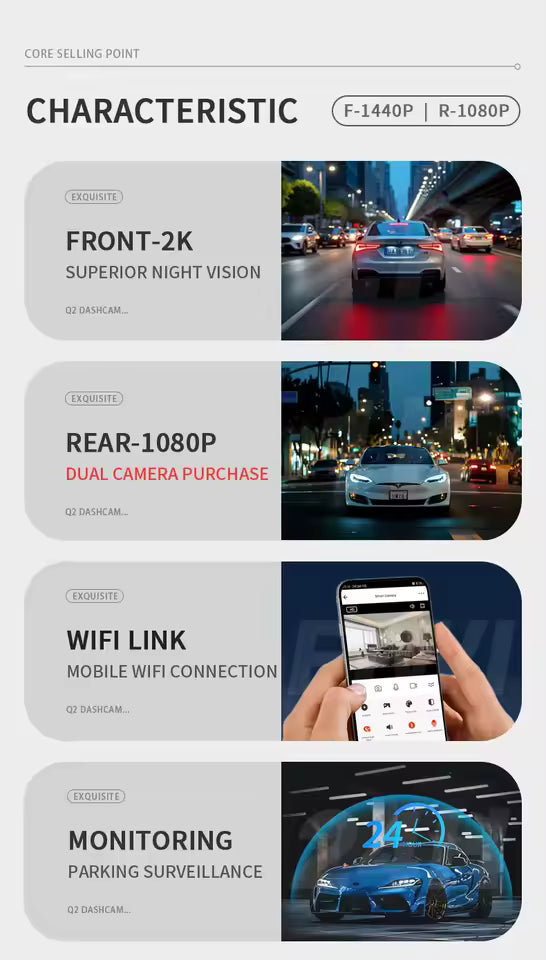 2K Dual-Lens Car Dash Cam with Front and Rear Recording