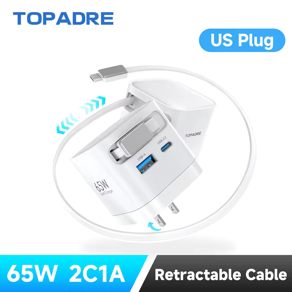 65W GaN Fast-Charging Wall Charger with Retractable Cable and Foldable Plug