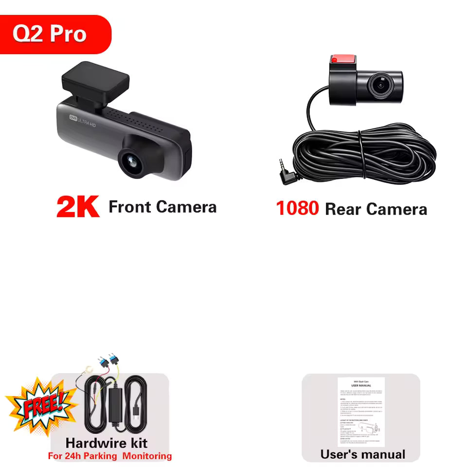 2K Dual-Lens Car Dash Cam with Front and Rear Recording