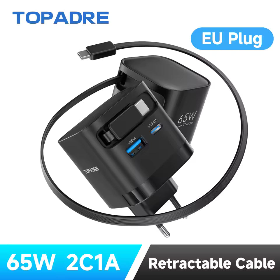 65W GaN Fast-Charging Wall Charger with Retractable Cable and Foldable Plug
