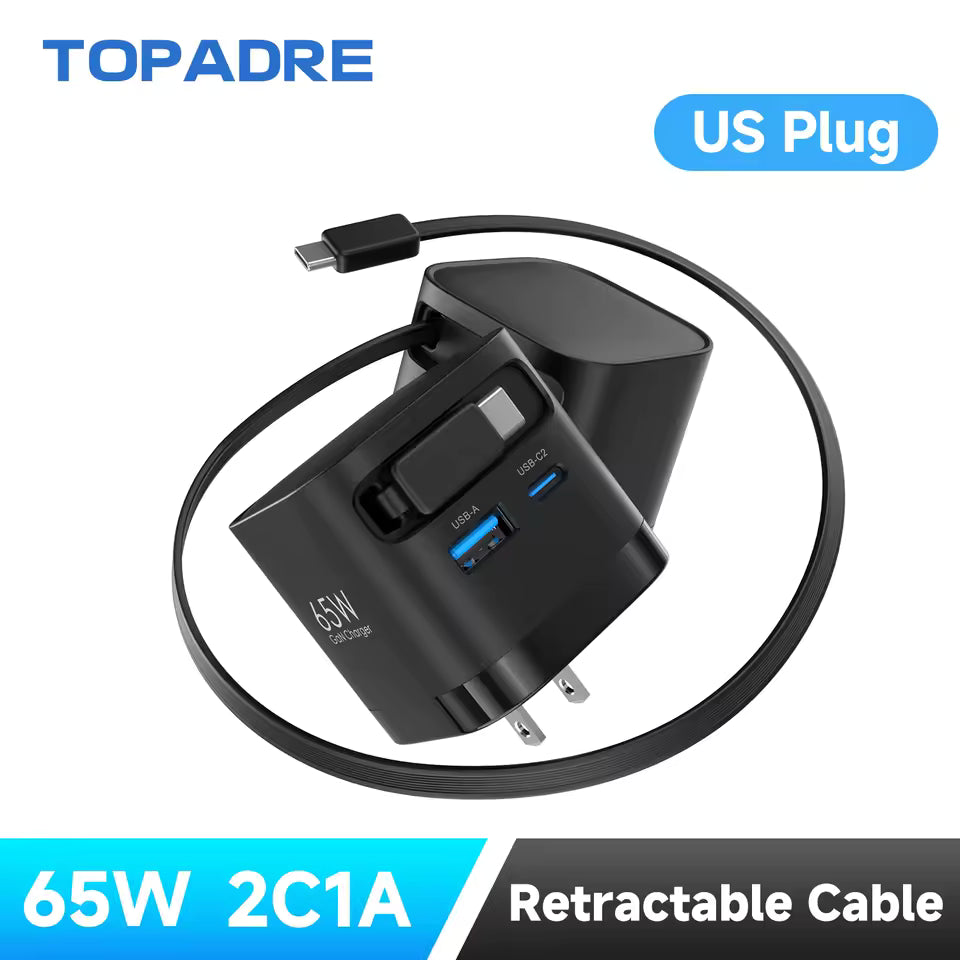 65W GaN Fast-Charging Wall Charger with Retractable Cable and Foldable Plug