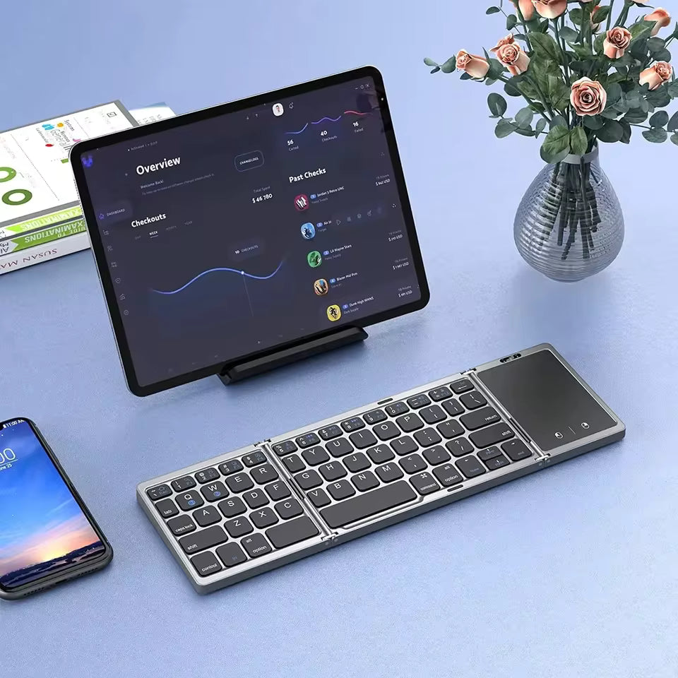 Portable 3-Folding Mini Dual Bluetooth Wireless Keyboard with Touchpad