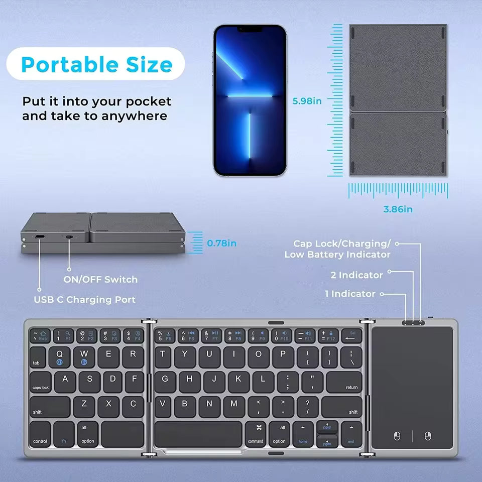 Portable 3-Folding Mini Dual Bluetooth Wireless Keyboard with Touchpad