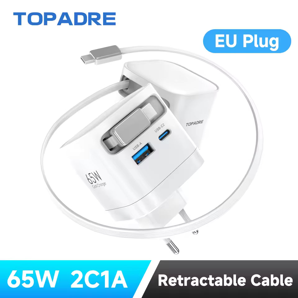 65W GaN Fast-Charging Wall Charger with Retractable Cable and Foldable Plug